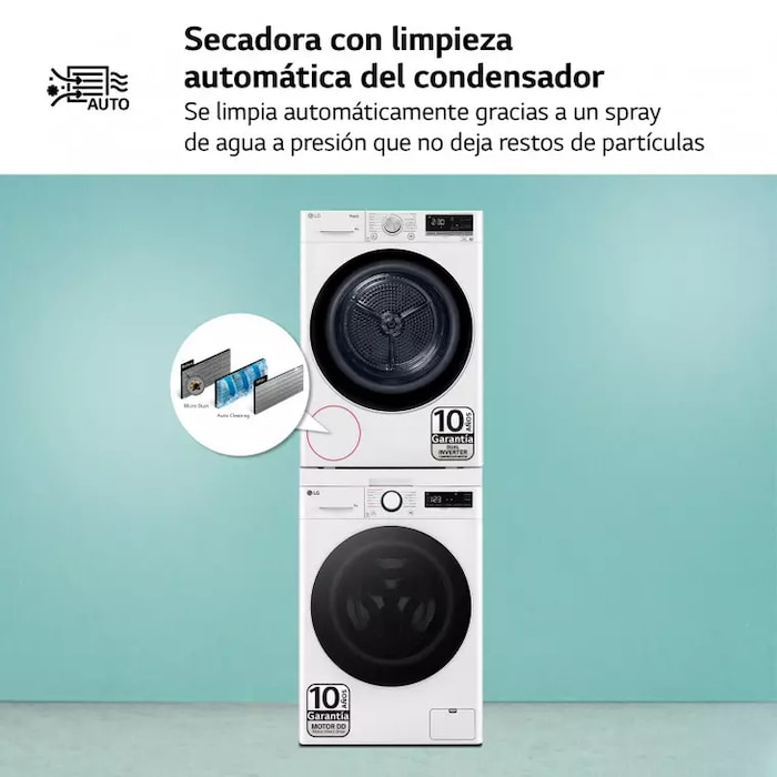 LG Torre de Lavado, Blanca, Lavadora inteligente 9kg, 1400rpm, 10% más eficiente que A + Secadora 8kg, C, TORRE0908KG.SET